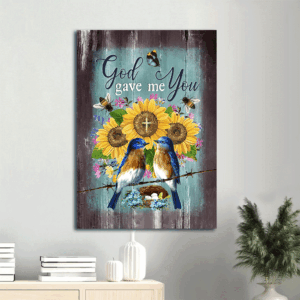 Christian Home Decor Gift: Jesus Portrait Poster with Eastern Bluebirds Bird Nest Sunflower and Butterfly  Poster Home Decor Gift - God Gave Me You