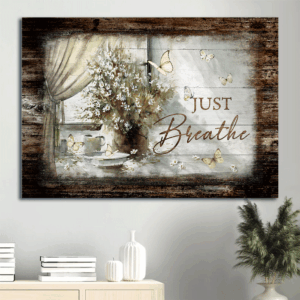 Jesus Landscape Poster Home Decor Gift - Flower & Butterfly Painting for Christian - Just Breathe Wall Art
