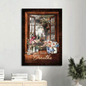 Christian Home Decor Gift: Jesus Portrait Poster with Flower Garden Sunlight Hummingbird - Just Breathe Christian Wall Art