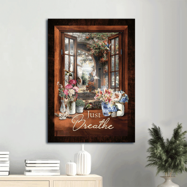 Christian Home Decor Gift: Jesus Portrait Poster with Flower Garden Sunlight Hummingbird – Just Breathe Christian Wall Art