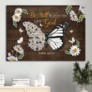 Christian Home Decor Gift: Jesus Landscape Poster with Flower Butterfly and Daisy Frame - Be Still and Know - Wall Art