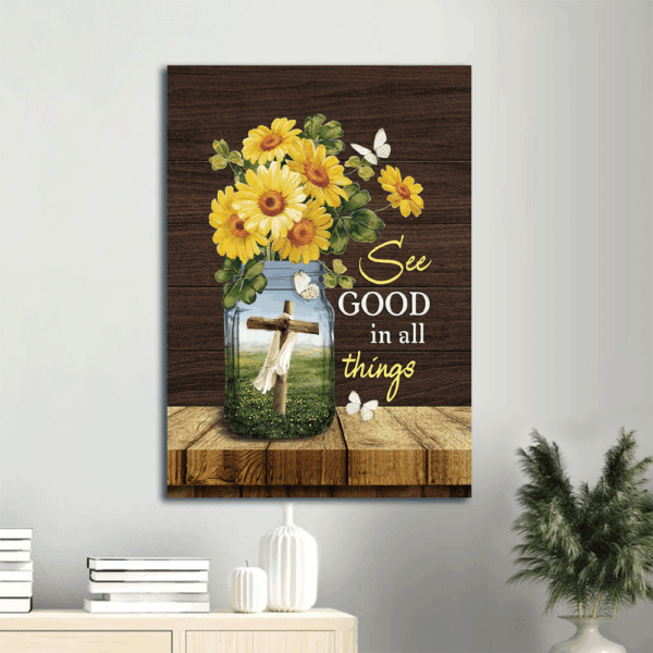Christian Home Decor Gift: Jesus Portrait Poster with Yellow Daisy Drawing Pretty Butterfly Wooden Cross- See Good in All Things