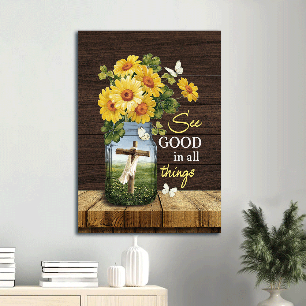 Christian Home Decor Gift: Jesus Portrait Poster with Yellow Daisy Drawing Pretty Butterfly Wooden Cross- See Good in All Things Christian Home Decor Gift: Jesus Portrait Poster with Yellow Daisy Drawing Pretty Butterfly Wooden Cross- See Good in All Things