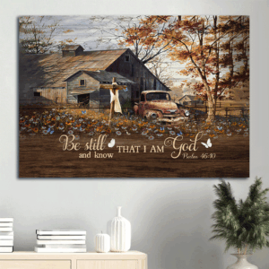 Jesus Landscape Poster Home Decor Gift - Wooden House Antique Ladybug Car Daisy Field - Be Still And Know That I Am God