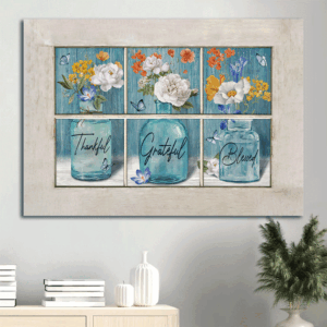 Christian Landscape Poster: Flower Vases Butterfly Window  Poster Home Decor Gift - Thankful Grateful Blessed Home Decor Gift