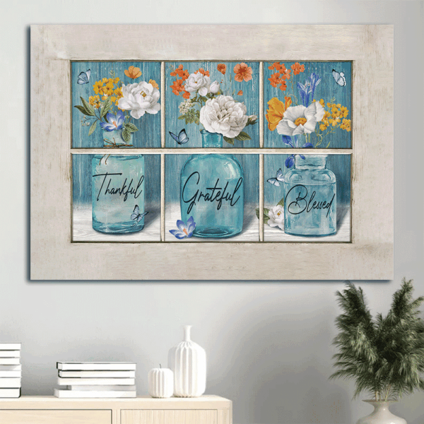 Christian Landscape Poster: Flower Vases Butterfly Window  Poster Home Decor Gift – Thankful Grateful Blessed Home Decor Gift