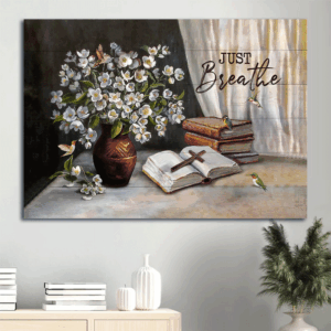 Christian Home Decor Gift: Jesus Landscape Poster with Flower Vase Books Cross  Poster Home Decor Gift - Christian Wall Art Prints