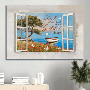 Jesus Landscape Poster Home Decor Gift - Wooden Boat Blue Ocean Flower Field - Gift For Christian - Start Each Day With A Grateful Heart