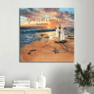 Footprints on Sand Sunset  Poster Home Decor Gift - Christian Wall Art Home Decor Gift for Christian