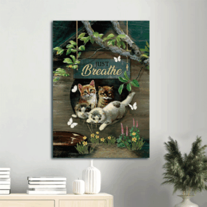 Christian Cat Lover Gift: Jesus and Cat Portrait Poster - Wooden Cat House Adorable Kitten Peaceful Garden Home Decor - Just Breathe