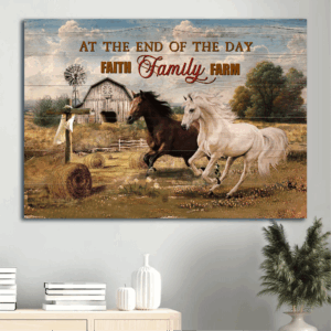 Faithful Farmhouse Jesus Landscape Poster - Christian Home Decor Gift with Horse Cross & Family