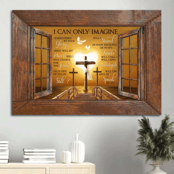 Christian Home Decor Gift: Jesus Landscape Poster with Wooden Cross Heart Painting White Dove – I Can Only Imagine