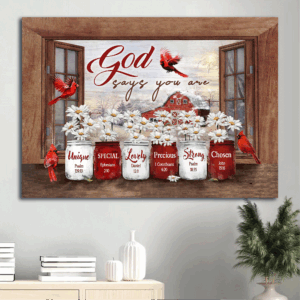 Jesus Landscape Poster Home Decor Gift - Window Frame Daisy Flower Barn House Painting - Red Cardinal - Christian God Gift