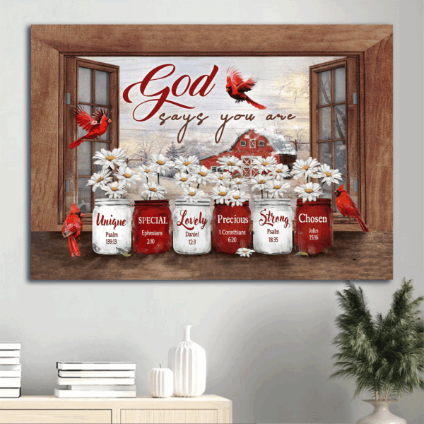 Jesus Landscape Poster Home Decor Gift – Window Frame Daisy Flower Barn House Painting – Red Cardinal – Christian God Gift