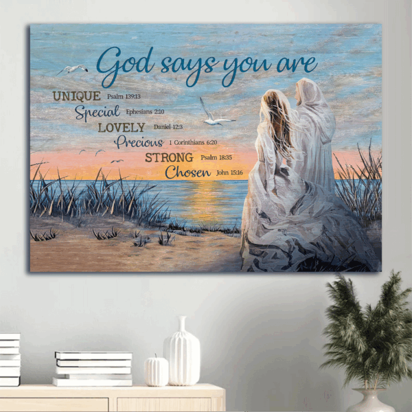 Jesus Landscape Poster Home Decor Gift – Beautiful Girl Walking by the Seashore – Christian Art