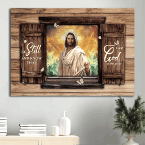 Jesus Landscape Poster Home Decor Gift - Christian Art with Antique Window and Ocean View