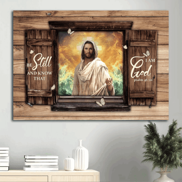 Jesus Landscape Poster Home Decor Gift – Christian Art with Antique Window and Ocean View