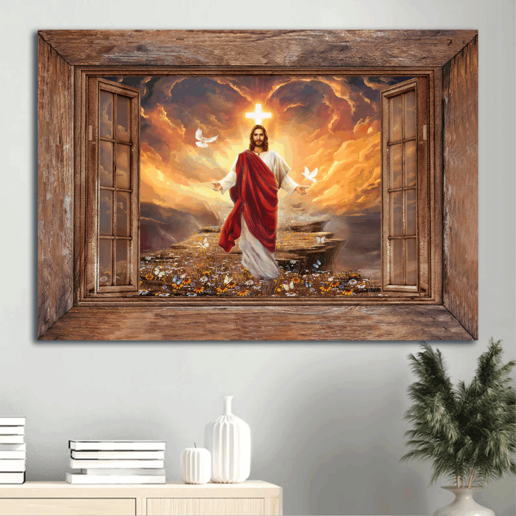 Jesus Landscape Poster: Window Frame Sunset Painting Path to Heaven Christian Gift Jesus Landscape Poster: Window Frame Sunset Painting Path to Heaven Christian Gift