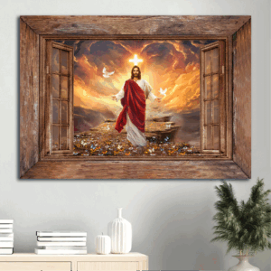 Jesus Landscape Poster: Window Frame Sunset Painting Path to Heaven Christian Gift