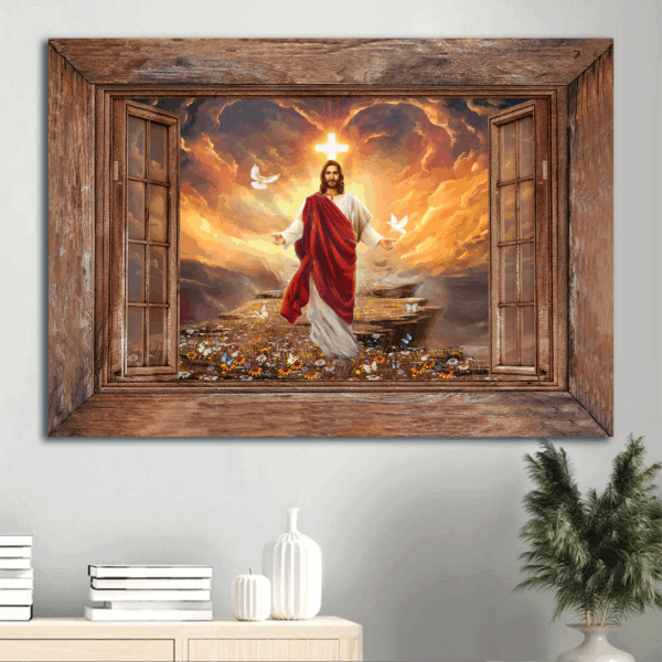 Jesus Landscape Poster: Window Frame Sunset Painting Path to Heaven Christian Gift