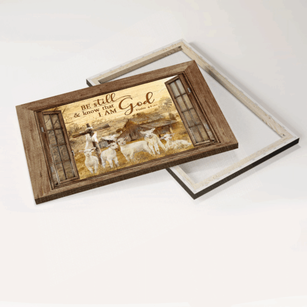 Christian Home Decor Gifts – Jesus & Lambs of God Poster Set – Be Still & Know – Window Frame & Old Barn Painting