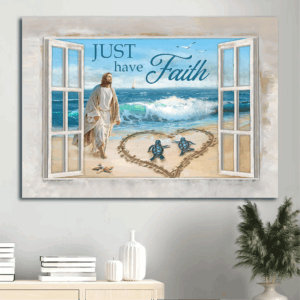 Faithful Jesus Landscape Poster Home Decor Gift - Christian Sea Turtle Drawing