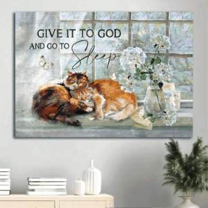 Jesus Landscape & Sleeping Cat Poster - White Hydrangea Spring Garden Decor for Christian & Cat Lovers - Give It To God Gift