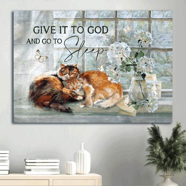Jesus Landscape & Sleeping Cat Poster – White Hydrangea Spring Garden Decor for Christian & Cat Lovers – Give It To God Gift