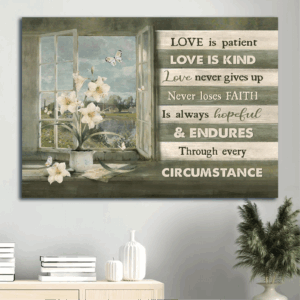 Christian Home Decor Gift: Jesus Landscape Poster with White Lily Drawing and Butterfly on Green Background