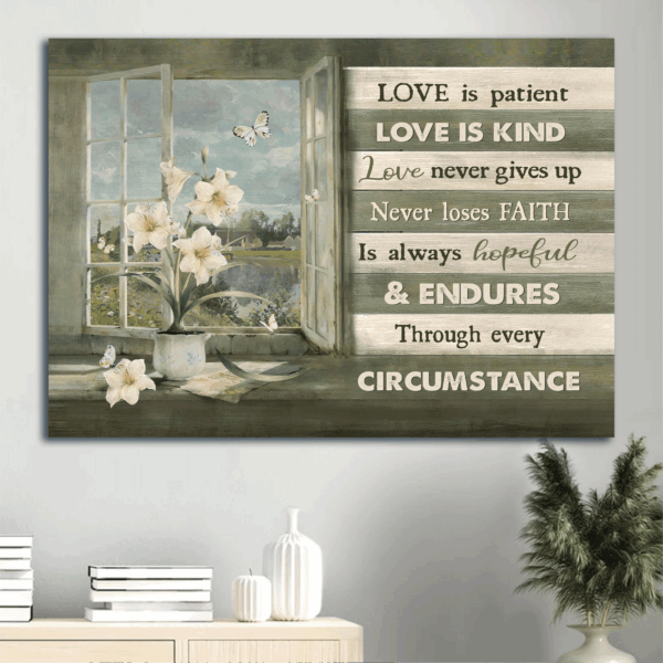 Christian Home Decor Gift: Jesus Landscape Poster with White Lily Drawing and Butterfly on Green Background