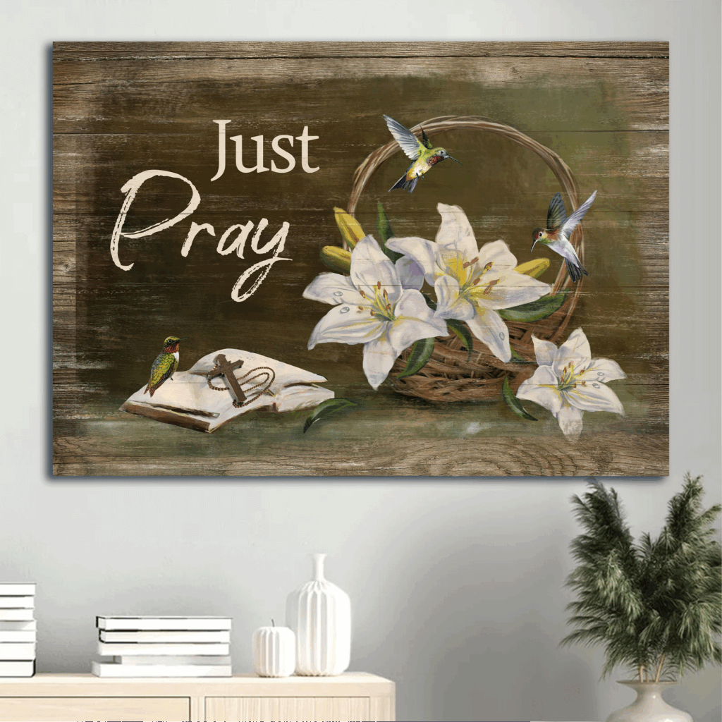 Jesus Landscape Poster with White Lily Painting Wooden Cross Bible and Hummingbirds – Gift For Christian Home Decor – Just Pray Jesus Landscape Poster with White Lily Painting Wooden Cross Bible and Hummingbirds – Gift For Christian Home Decor – Just Pray