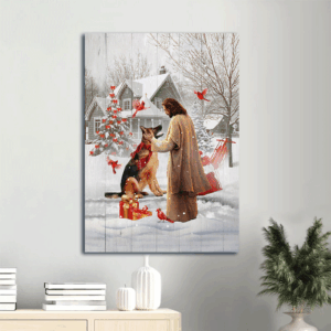 Jesus Portrait Poster Home Decor Gift - German Shepherd & Red Cardinal Meeting with Jesus - Christian Dog Lover Wall Art