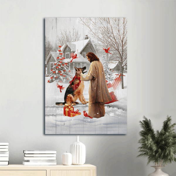 Jesus Portrait Poster Home Decor Gift – German Shepherd & Red Cardinal Meeting with Jesus – Christian Dog Lover Wall Art