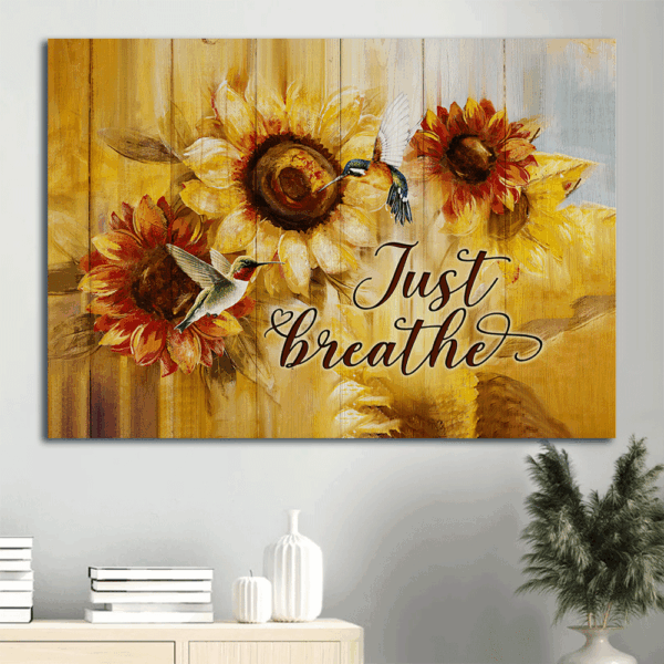 Christian Landscape Poster Home Decor – Green Hummingbirds & Sunflower Painting Just Breathe  Poster Home Decor Gift – Gift for Christian Wall Art