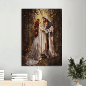 Graceful Red Head Women Jesus Portrait Poster - Christian Wall Art Home Decor Gift in Beautiful Forest