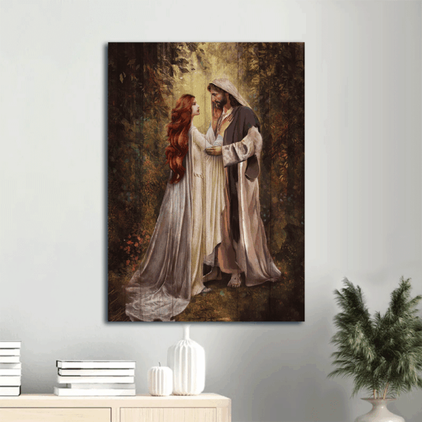 Graceful Red Head Women Jesus Portrait Poster – Christian Wall Art Home Decor Gift in Beautiful Forest