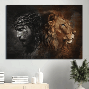 Jesus Lion of Judah Landscape Poster: Christian Home Decor Gift with Lion Painting and Crown of Thorns - Wall Art Prints