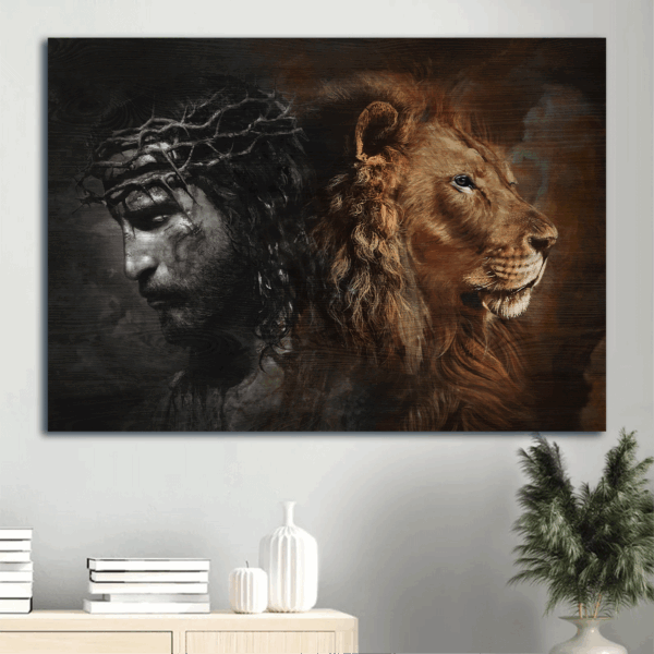 Jesus Lion of Judah Landscape Poster: Christian Home Decor Gift with Lion Painting and Crown of Thorns – Wall Art Prints