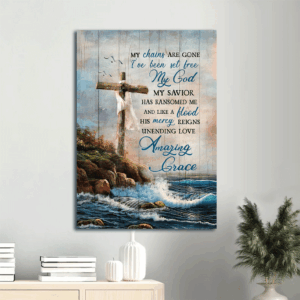 Jesus Portrait Poster Home Decor Gift - Cross & Sea  Poster Home Decor Gift - Christian Wall Art with My Chains Are Gone