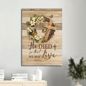 Jesus Portrait Poster Home Decor Gift - Beautiful Lily Wooden Cross Monarch Butterfly - Christian Wall Art Print