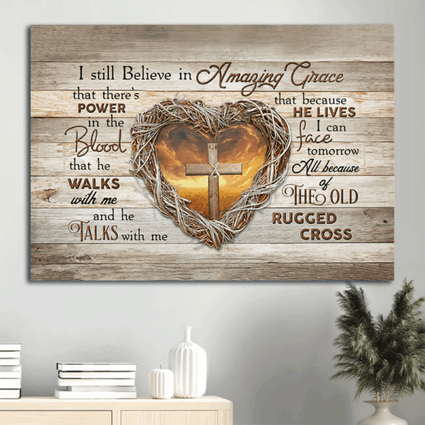 Heart of Thorns Jesus Landscape Poster – Christian Home Decor Gift with Amazing Grace – Wooden Cross  Poster Home Decor Gift Wall Art