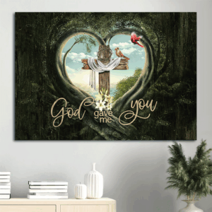 Jesus Landscape Poster Home Decor Gift - Heart Cave Wooden Cross Pretty Cardinal - Gift for Christian - God Gave Me You - Wall Art Prints