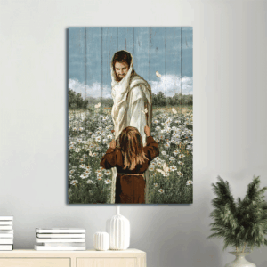 Happy Jesus Painting Poster - Christian Home Decor Gift with Little Girl Daisy Field and Butterfly - Wall Art Print for Christian Home