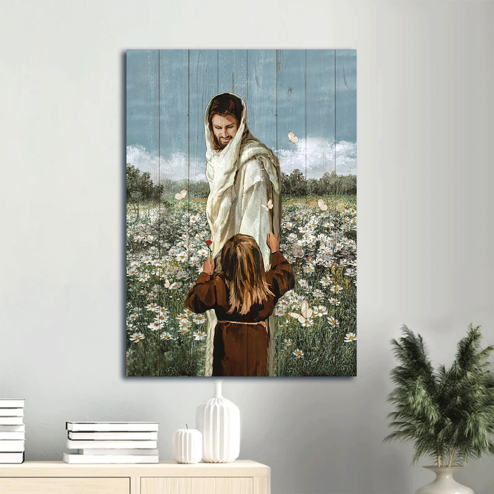 Happy Jesus Painting Poster – Christian Home Decor Gift with Little Girl Daisy Field and Butterfly – Wall Art Print for Christian Home Happy Jesus Painting Poster – Christian Home Decor Gift with Little Girl Daisy Field and Butterfly – Wall Art Print for Christian Home