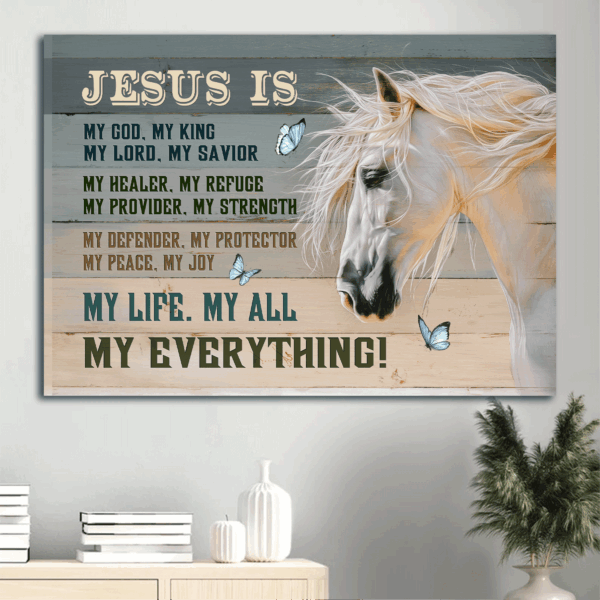 Jesus Landscape & White Horse Painting Poster – Christian Home Decor Gift with Blue Butterfly – Jesus Is My Everything