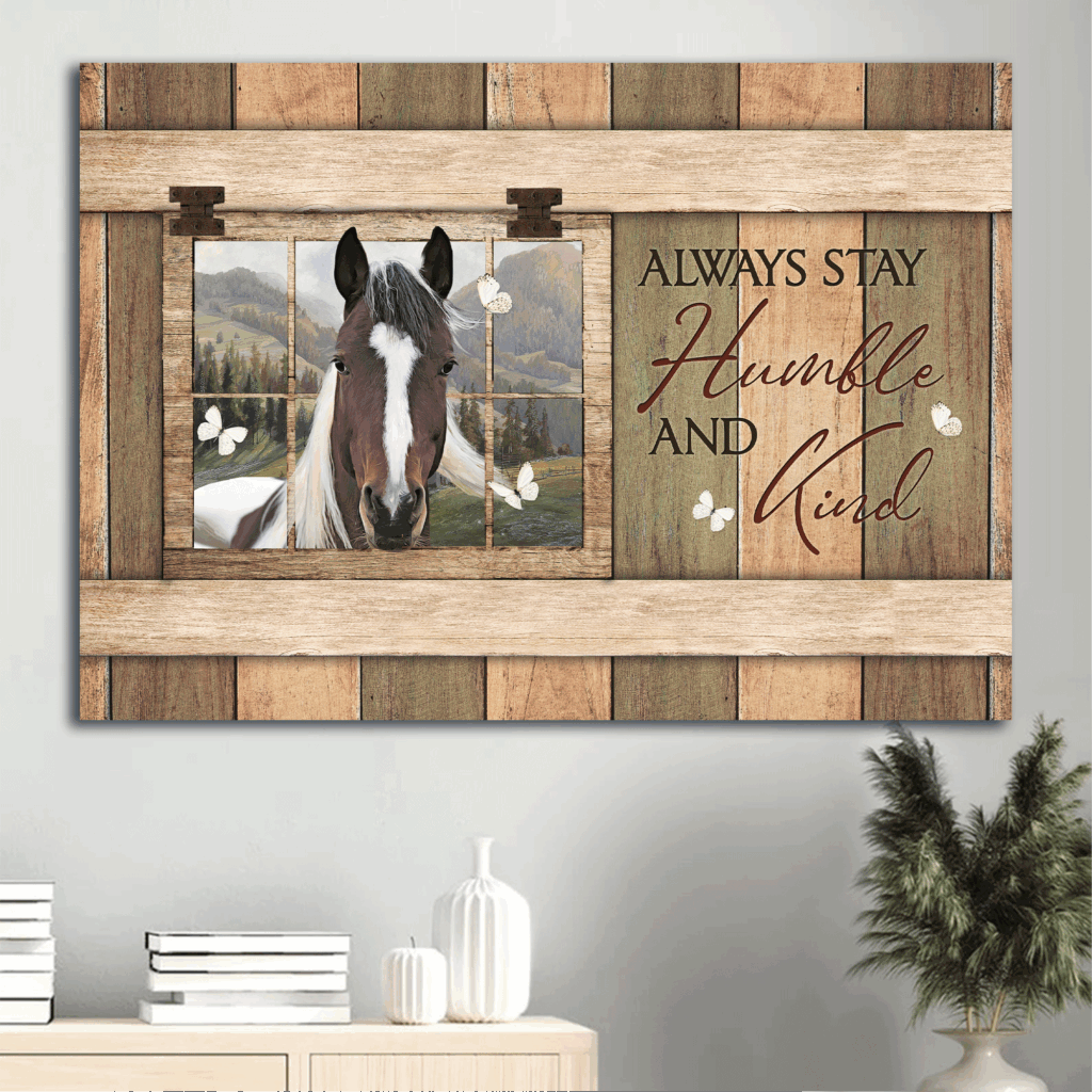 Christian Home Decor Gift: Jesus Landscape Poster with White and Brown Horse Butterfly Painting – Stay Humble and Kind Christian Home Decor Gift: Jesus Landscape Poster with White and Brown Horse Butterfly Painting – Stay Humble and Kind