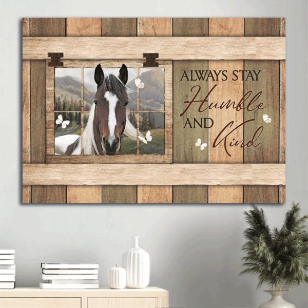 Christian Home Decor Gift: Jesus Landscape Poster with White and Brown Horse Butterfly Painting – Stay Humble and Kind