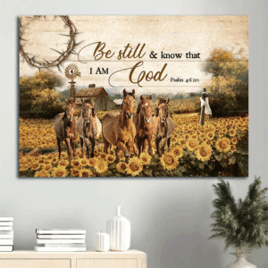 Jesus Landscape Poster: Horse Farm & Sunflower Fall Drawing with Wooden Cross - Christian Wall Art & Home Decor Gift