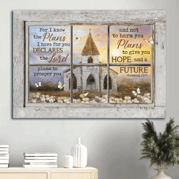 Jesus Landscape Poster Home Decor Gift – White Church Sunset View – Gift For Christian – For I Know The Plans