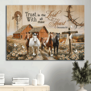 Jesus Landscape Poster Home Decor Gift - Watercolor Horse Daisy Field Cross Symbol - Gift For Christian - Trust In The Lord